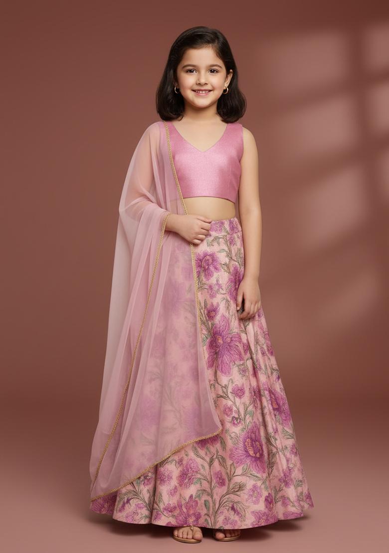 Girls Pink Floral Print Satin Lehenga Set