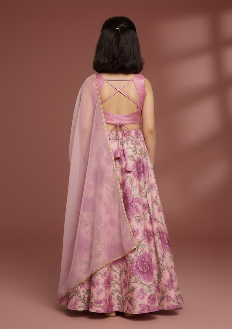 Girls Pink Floral Print Satin Lehenga Set - Indya