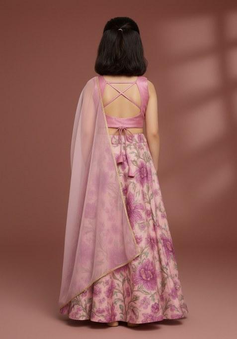 Girls Pink Floral Print Satin Lehenga Set