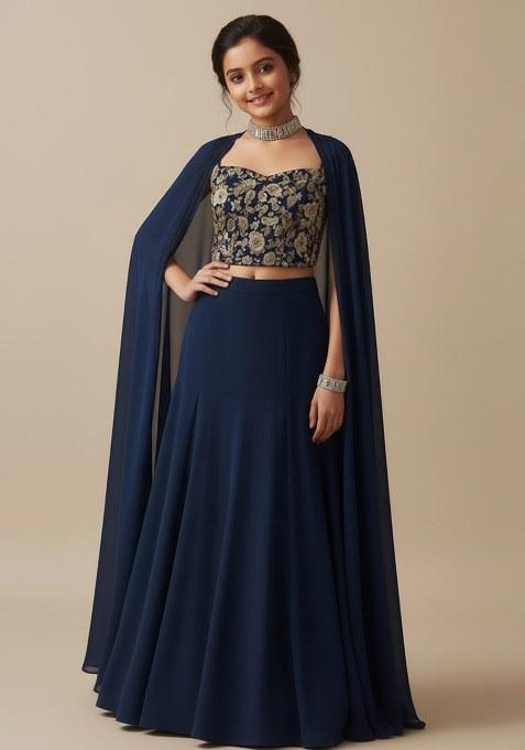 Girls Navy Blue Embroidered Georgette Lehenga Set