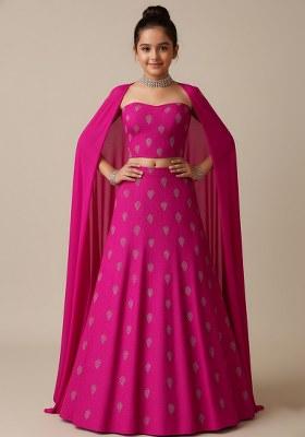 Girls Rani Pink Embroidered Chanderi Lehenga Set