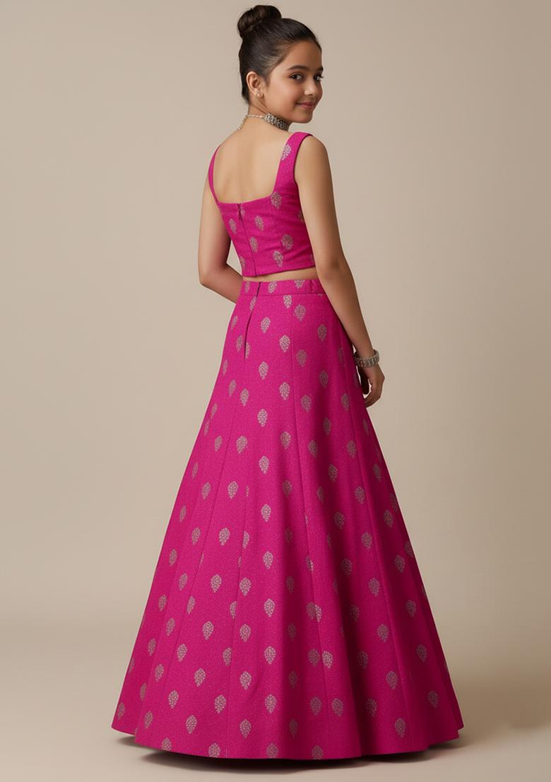 Girls Rani Pink Embroidered Chanderi Lehenga Set - Indya