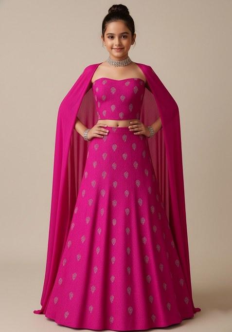 Girls Rani Pink Embroidered Chanderi Lehenga Set