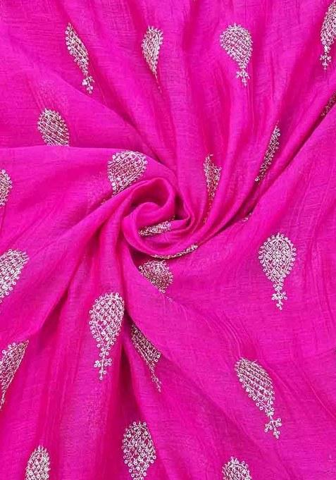 Girls Rani Pink Embroidered Chanderi Lehenga Set