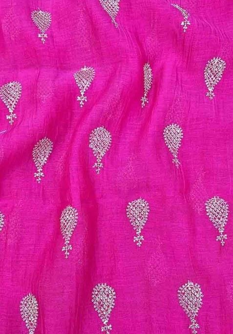 Girls Rani Pink Embroidered Chanderi Lehenga Set