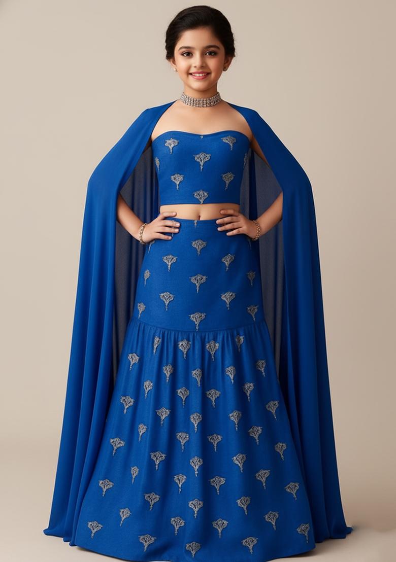 Girls Blue Embroidered Chanderi Lehenga Set