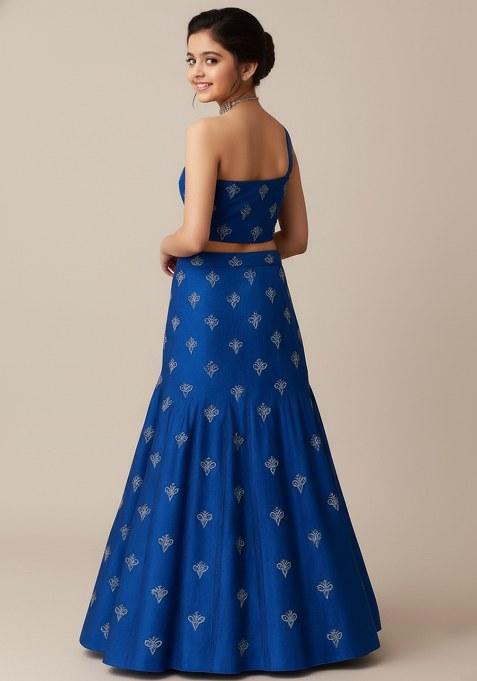 Girls Blue Embroidered Chanderi Lehenga Set