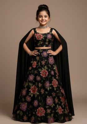 Girls Black Floral Print Organza Lehenga Set