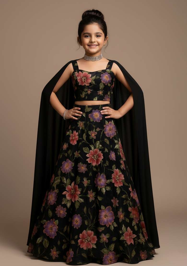 Girls Black Floral Print Organza Lehenga Set - Indya