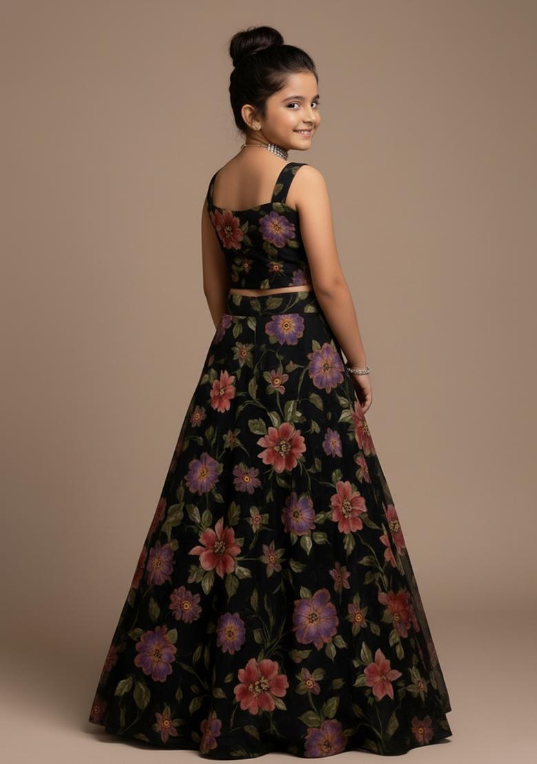 Girls Black Floral Print Organza Lehenga Set - Indya