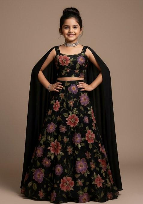 Girls Black Floral Print Organza Lehenga Set