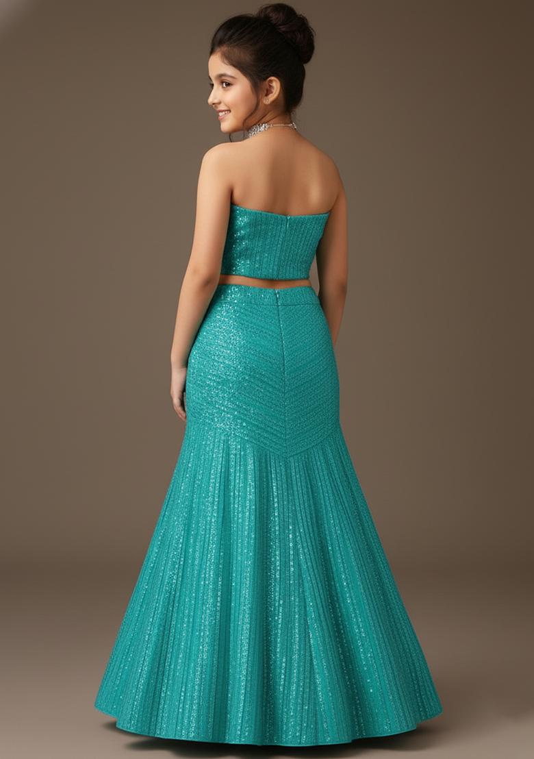 Girls Powder Blue Sequin Net Lehenga Set - Indya