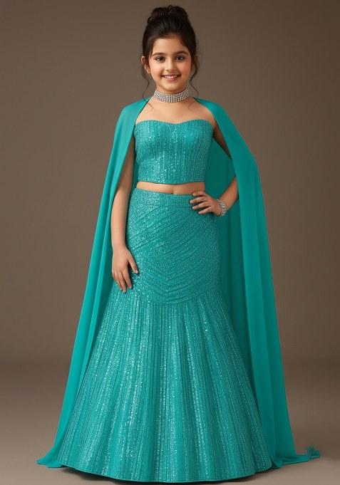 Girls Powder Blue Sequin Net Lehenga Set
