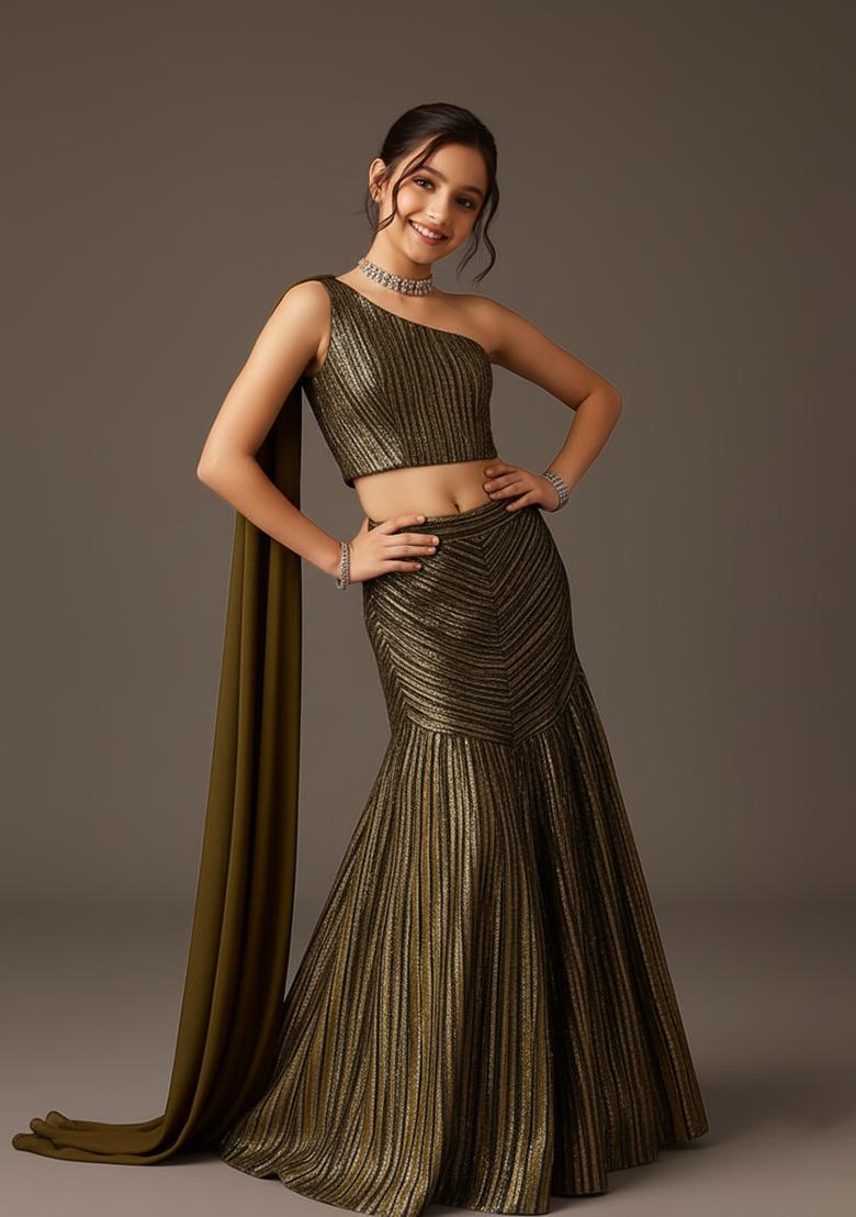 Girls Black And Golden Self Design Lehenga Set