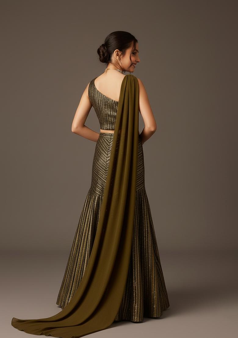 Girls Black And Golden Self Design Lehenga Set