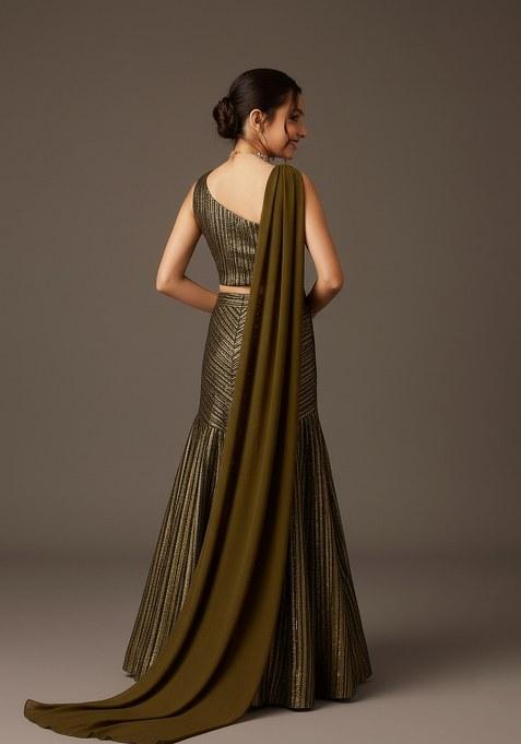 Girls Black And Golden Self Design Lehenga Set