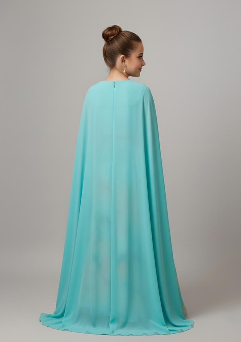 Girls Sky Blue Floral Print Georgette Lehenga Set - Indya