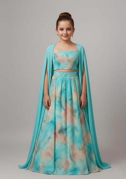 Girls Sky Blue Floral Print Georgette Lehenga Set