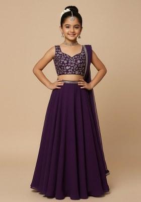 Girls Purple Embroidered Georgette Lehenga Set