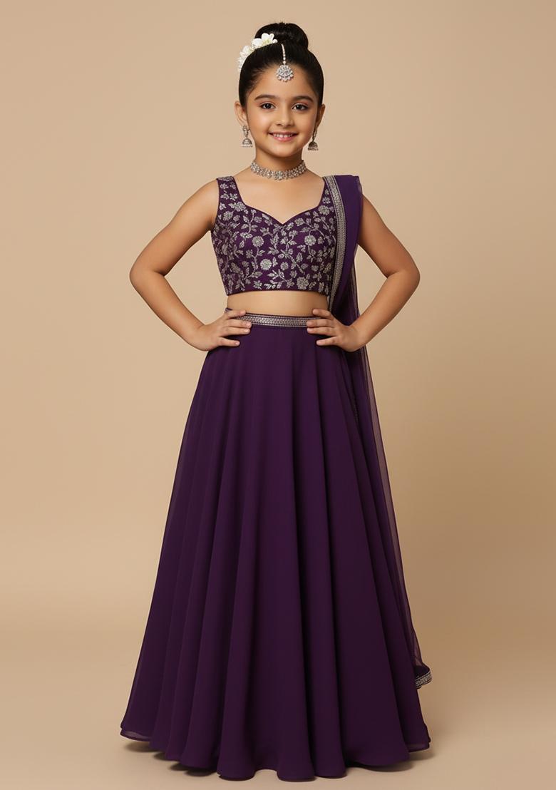 Girls Purple Embroidered Georgette Lehenga Set - Indya