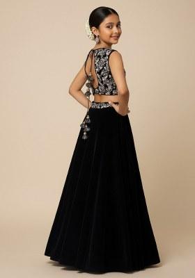 Girls Black Embroidered Georgette Lehenga Set