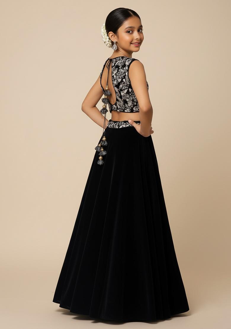 Girls Black Embroidered Georgette Lehenga Set