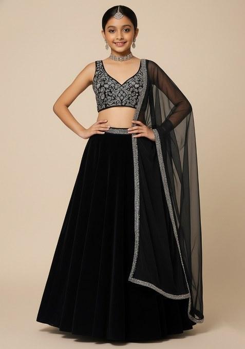 Girls Black Embroidered Georgette Lehenga Set
