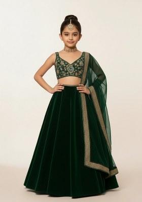 Girls Green Embroidered Georgette Lehenga Set