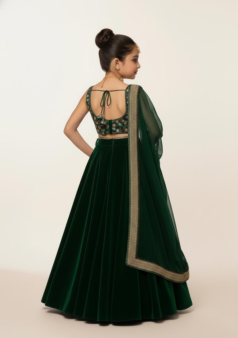 Girls Green Embroidered Georgette Lehenga Set - Indya