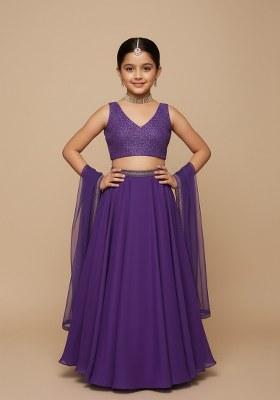 Girls Purple Sequin Georgette Lehenga Set