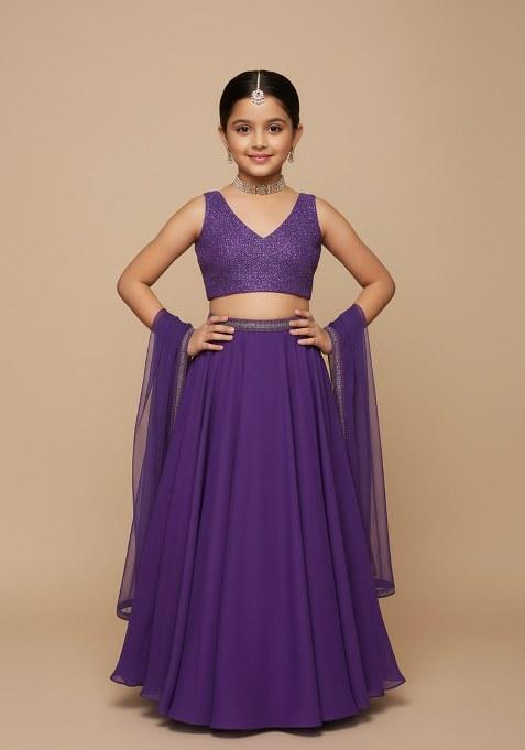 Girls Purple Sequin Georgette Lehenga Set