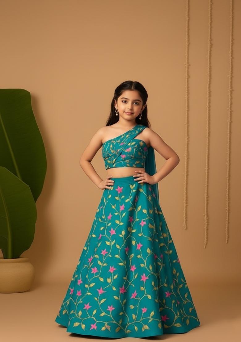 Girls Teal Blue Embroidered Georgette Lehenga Set - Indya