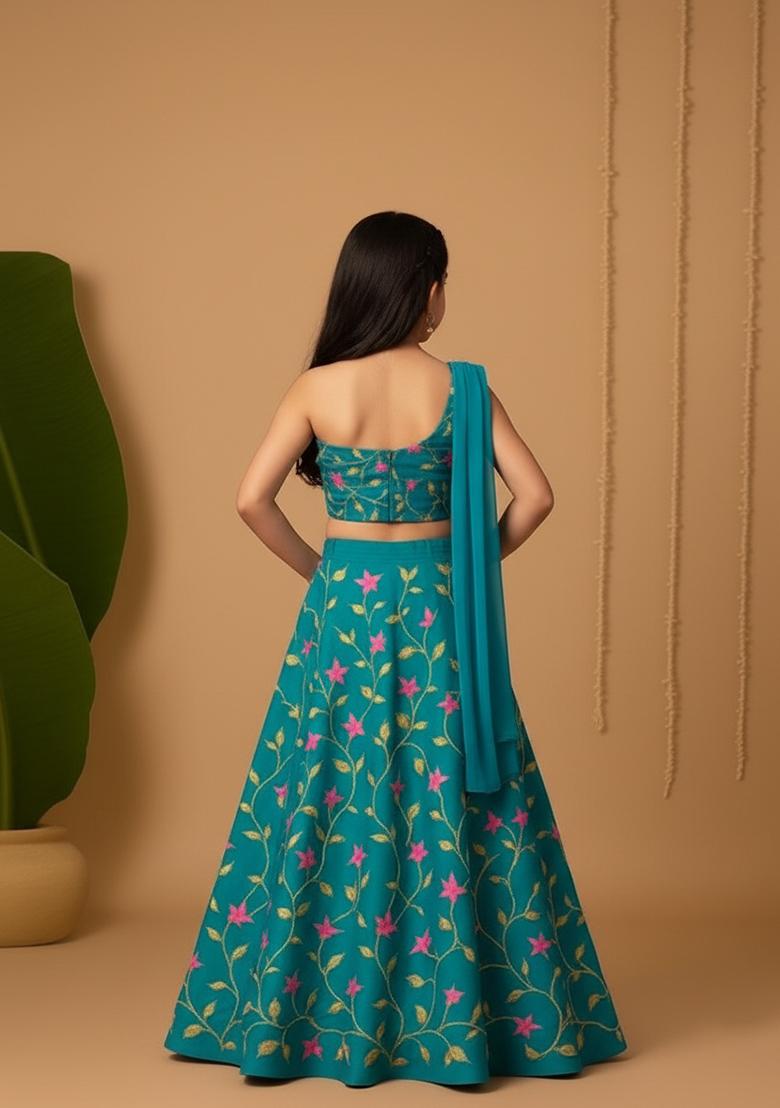 Girls Teal Blue Embroidered Georgette Lehenga Set - Indya