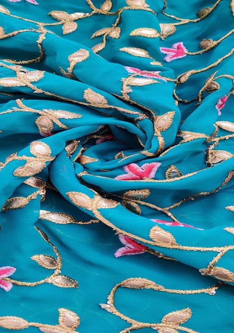 Girls Teal Blue Embroidered Georgette Lehenga Set - Indya