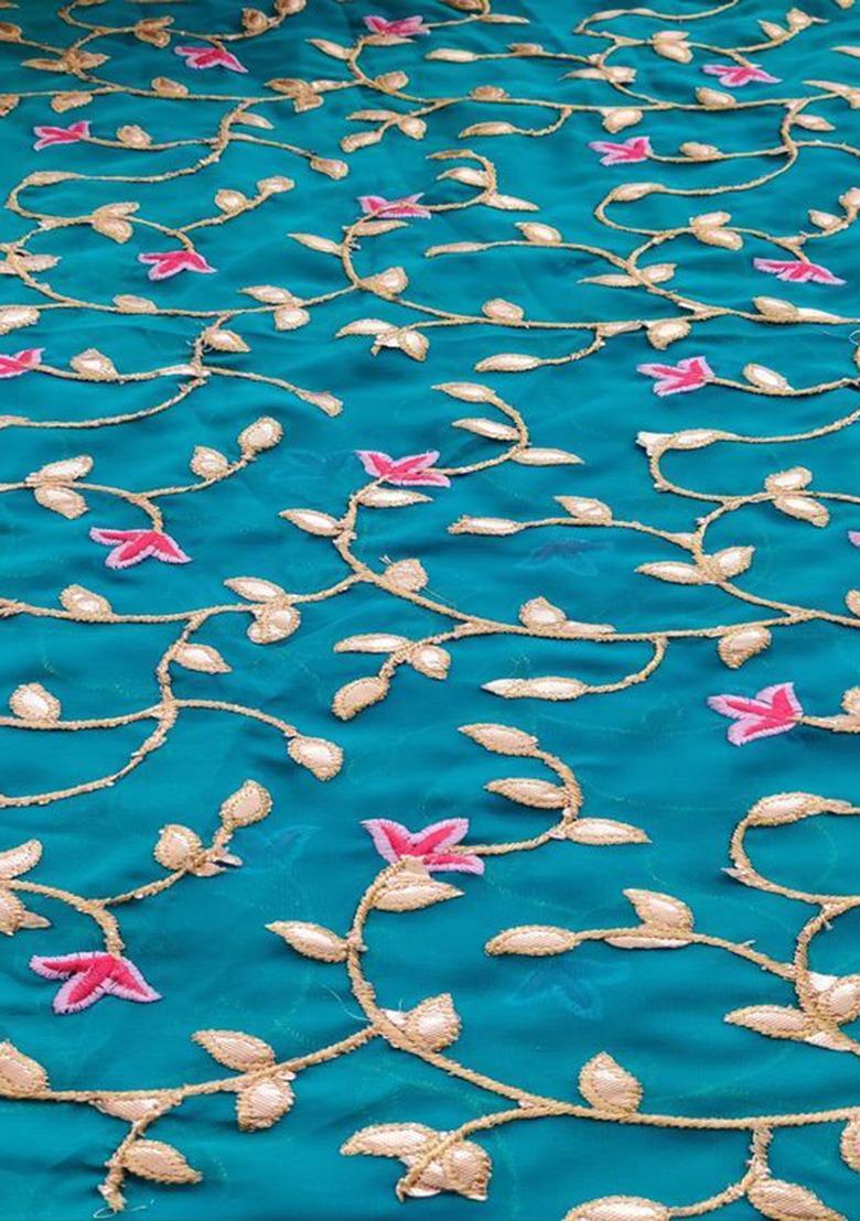 Girls Teal Blue Embroidered Georgette Lehenga Set - Indya