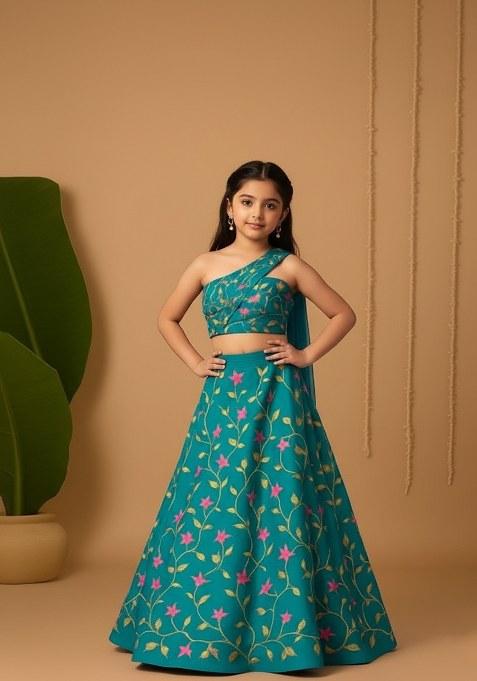 Girls Teal Blue Embroidered Georgette Lehenga Set