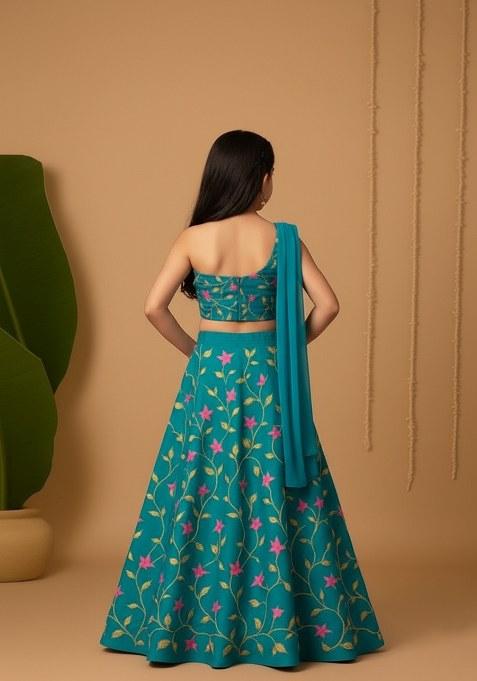 Girls Teal Blue Embroidered Georgette Lehenga Set