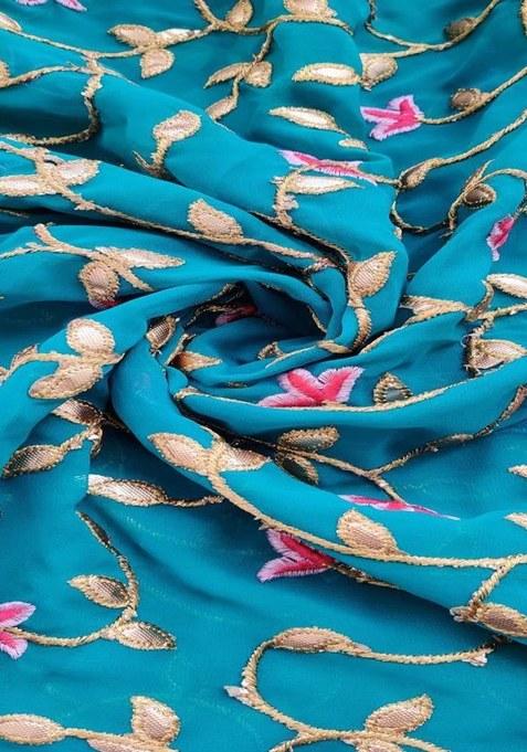 Girls Teal Blue Embroidered Georgette Lehenga Set