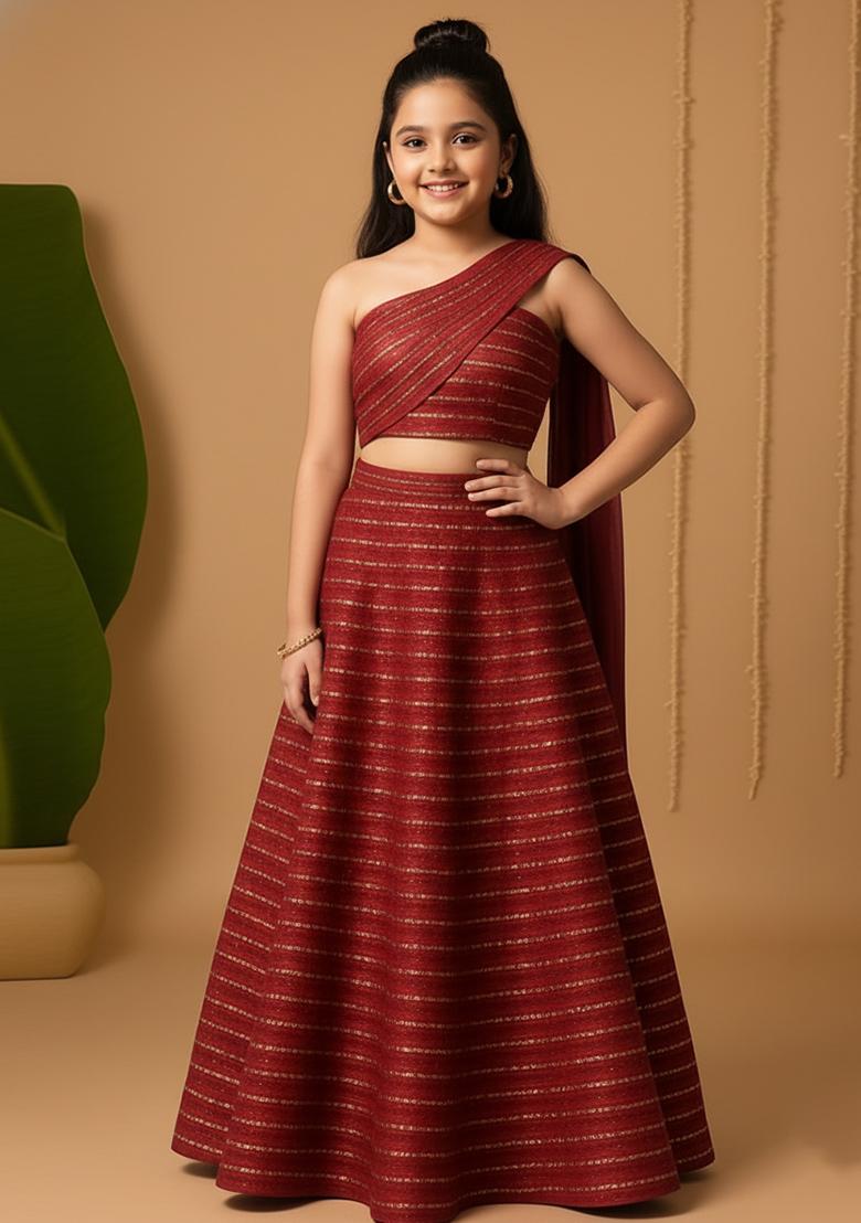 Girls Maroon Embellished Net Lehenga Set
