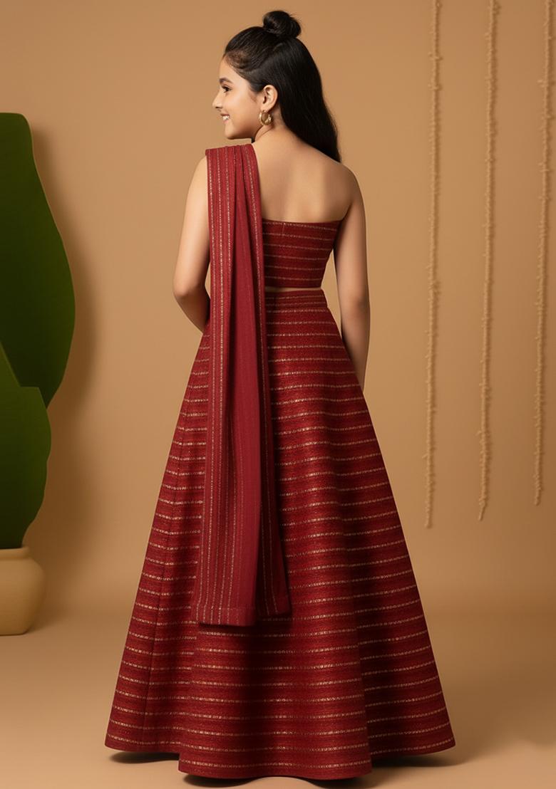 Girls Maroon Embellished Net Lehenga Set - Indya