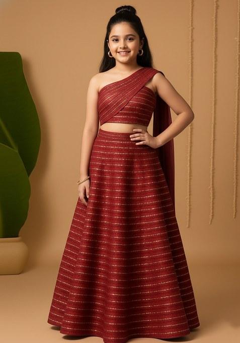 Girls Maroon Embellished Net Lehenga Set
