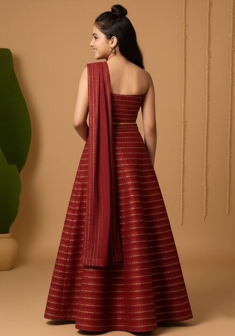 Girls Maroon Embellished Net Lehenga Set