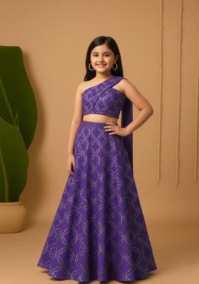 Girls Purple Sequin Chanderi Lehenga Set