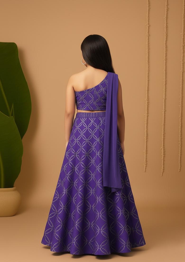 Girls Purple Sequin Chanderi Lehenga Set - Indya