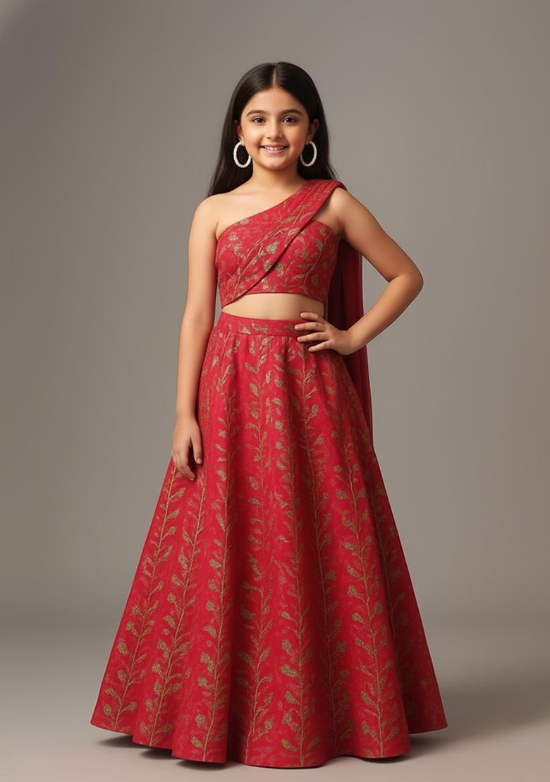 Girls Bright Pink Embellished Chanderi Lehenga Set