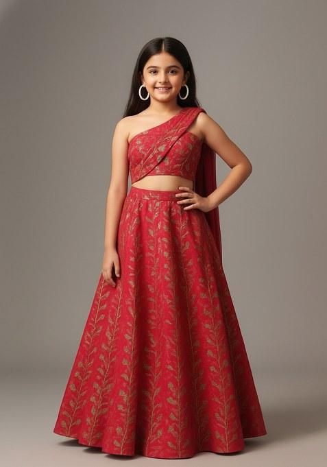 Girls Bright Pink Embellished Chanderi Lehenga Set