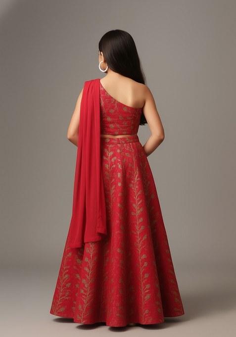 Girls Bright Pink Embellished Chanderi Lehenga Set