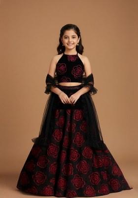 Girls Black Embroidered Organza Lehenga Set