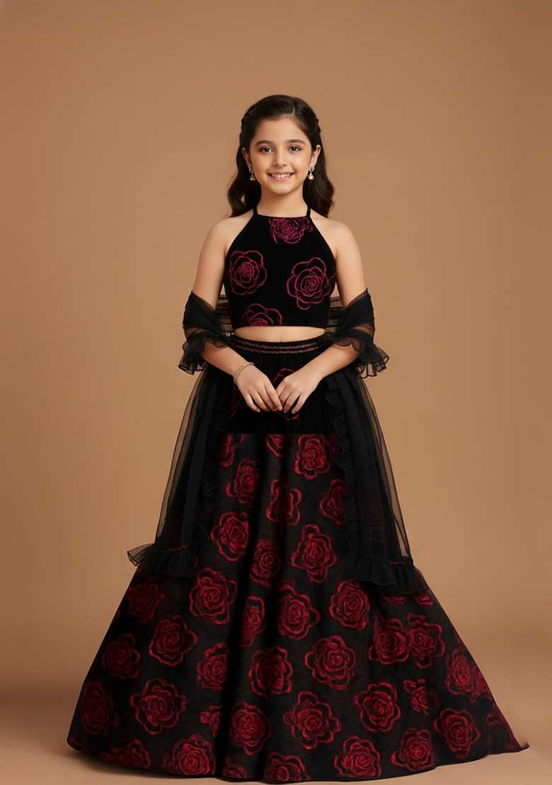 Girls Black Embroidered Organza Lehenga Set - Indya