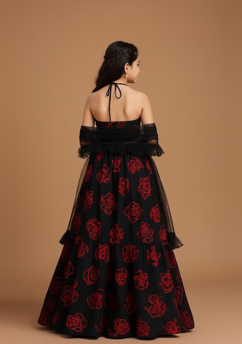 Girls Black Embroidered Organza Lehenga Set - Indya